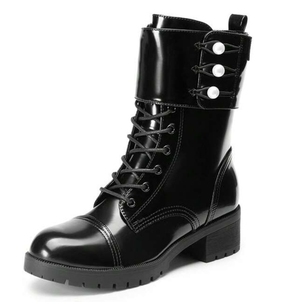 Sleek Black Patent Combat Boots - Picture 2 of 6